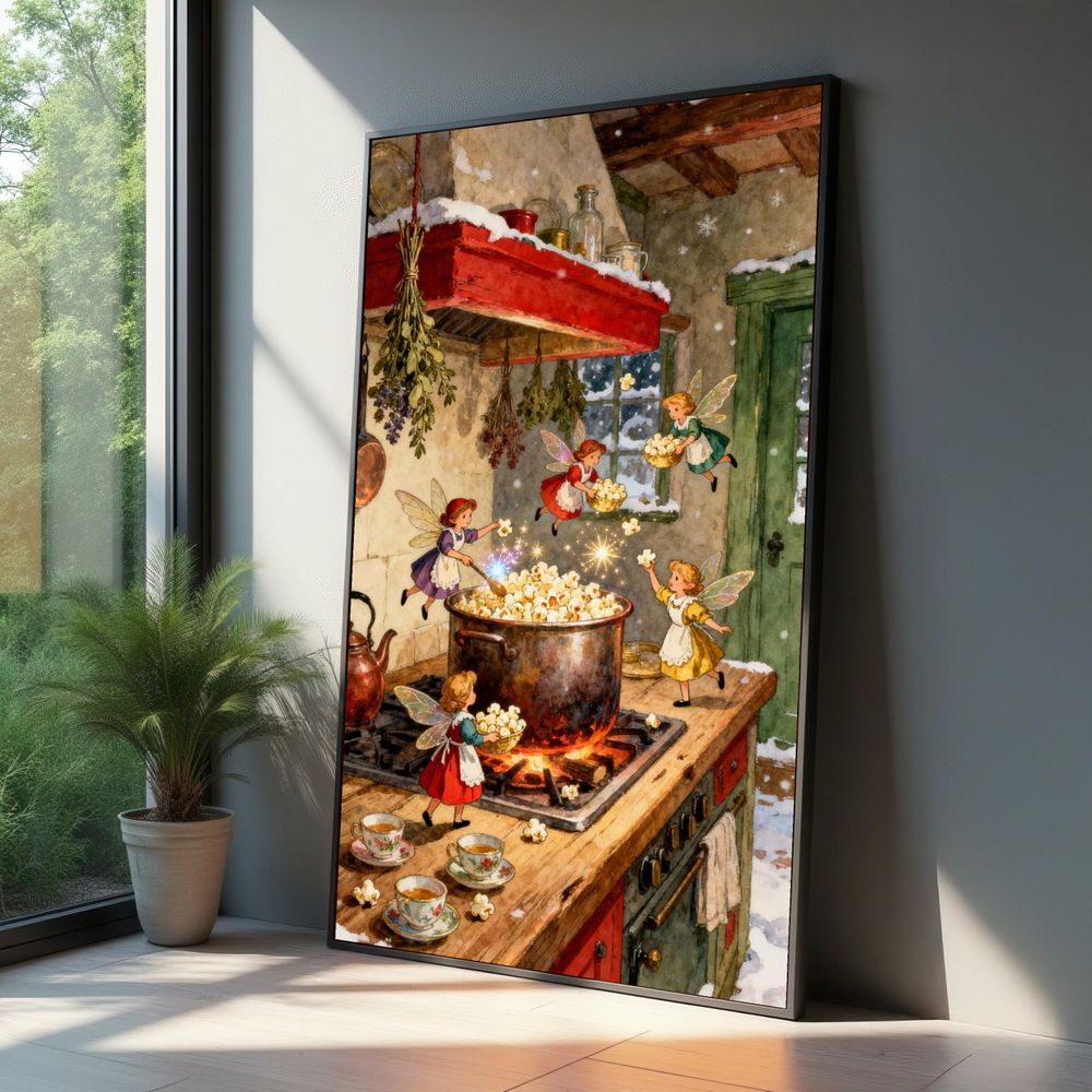 Fairy Kitchen Popcorn Winter Cozy Home Art Vintage Fantasy Decor Canvas Ready To Hang Portrait Canvas