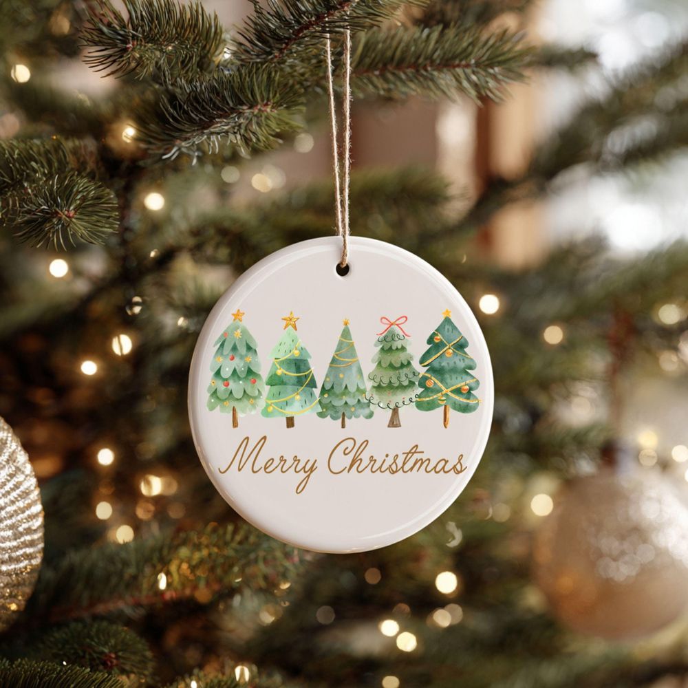 Festive Ceramic Christmas Five Trees Winter Decor Holiday Gift Ornament Circle Ceramic Ornament (US) white one-sided 1pcs
