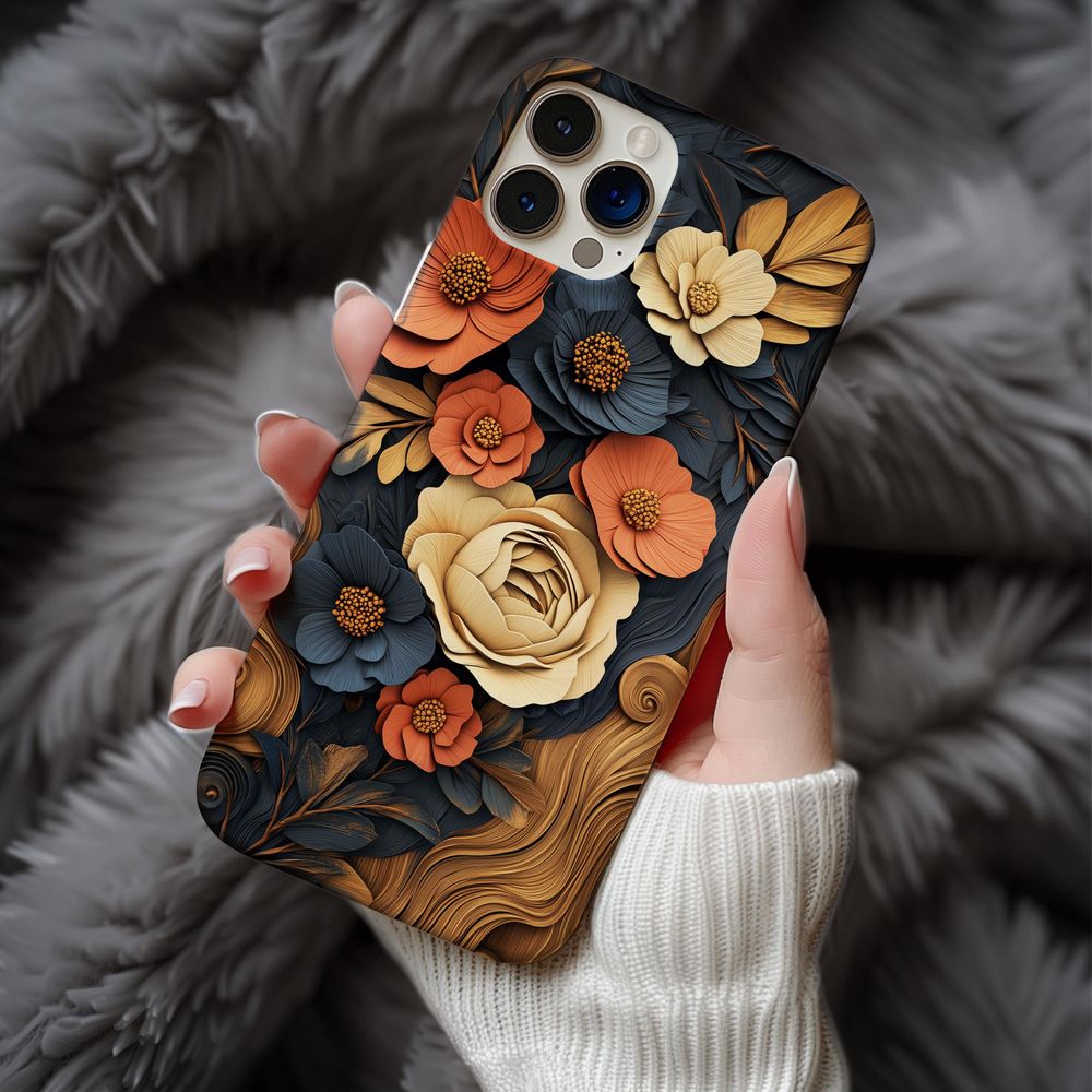 3D Carved Autumn Flower Design Phonecase Black Silicone Phone Case