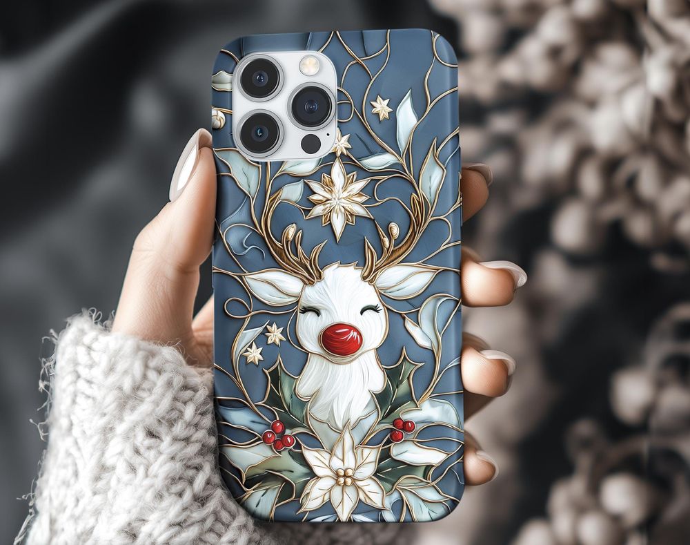 Festive Reindeer Christmas Case with Holly & Flowers - 3D Design Phonecase Black Silicone Phone Case