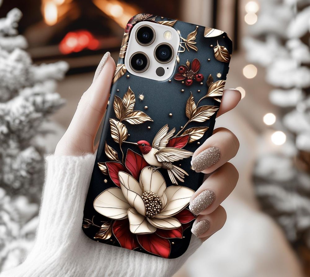 Hummingbird Floral 3D Christmas Holiday Design Case Red White Gold Phonecase Black Silicone Phone Case