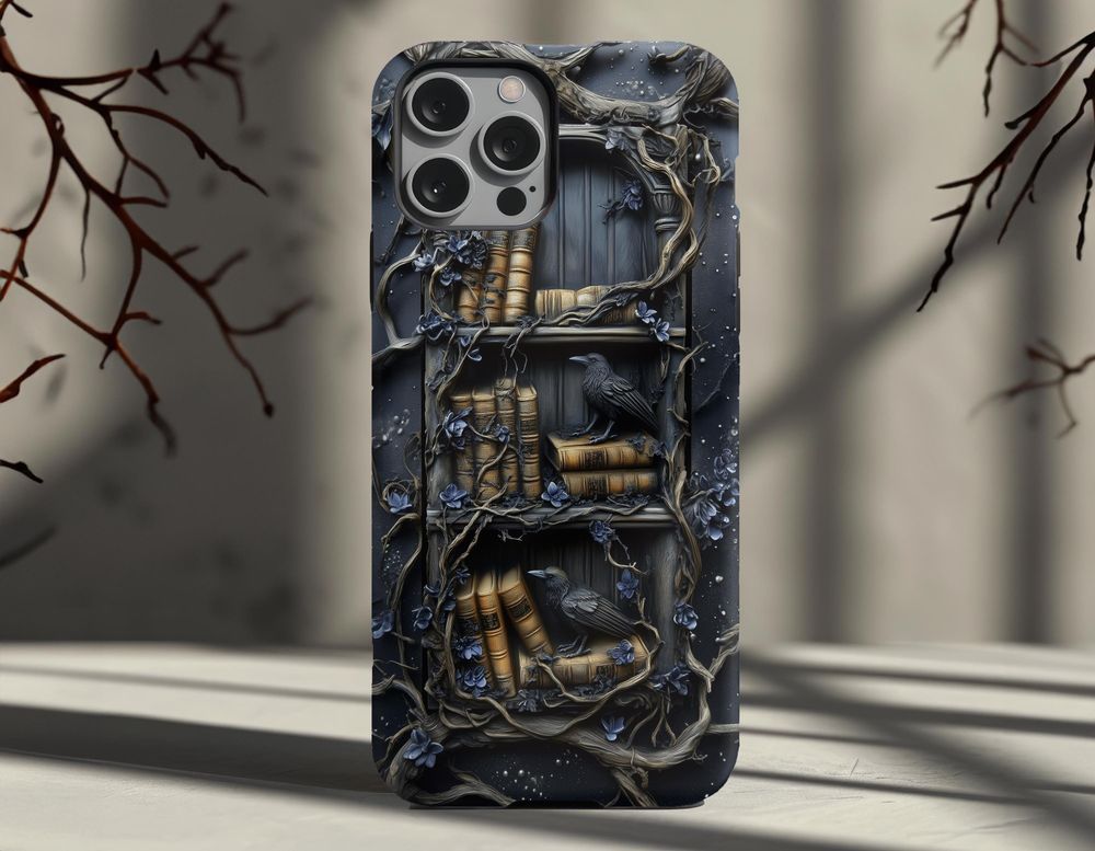 Gothic Raven and Books 3D Case Dark Academia Library MagSafe ps221 Phonecase Black Silicone Phone Case