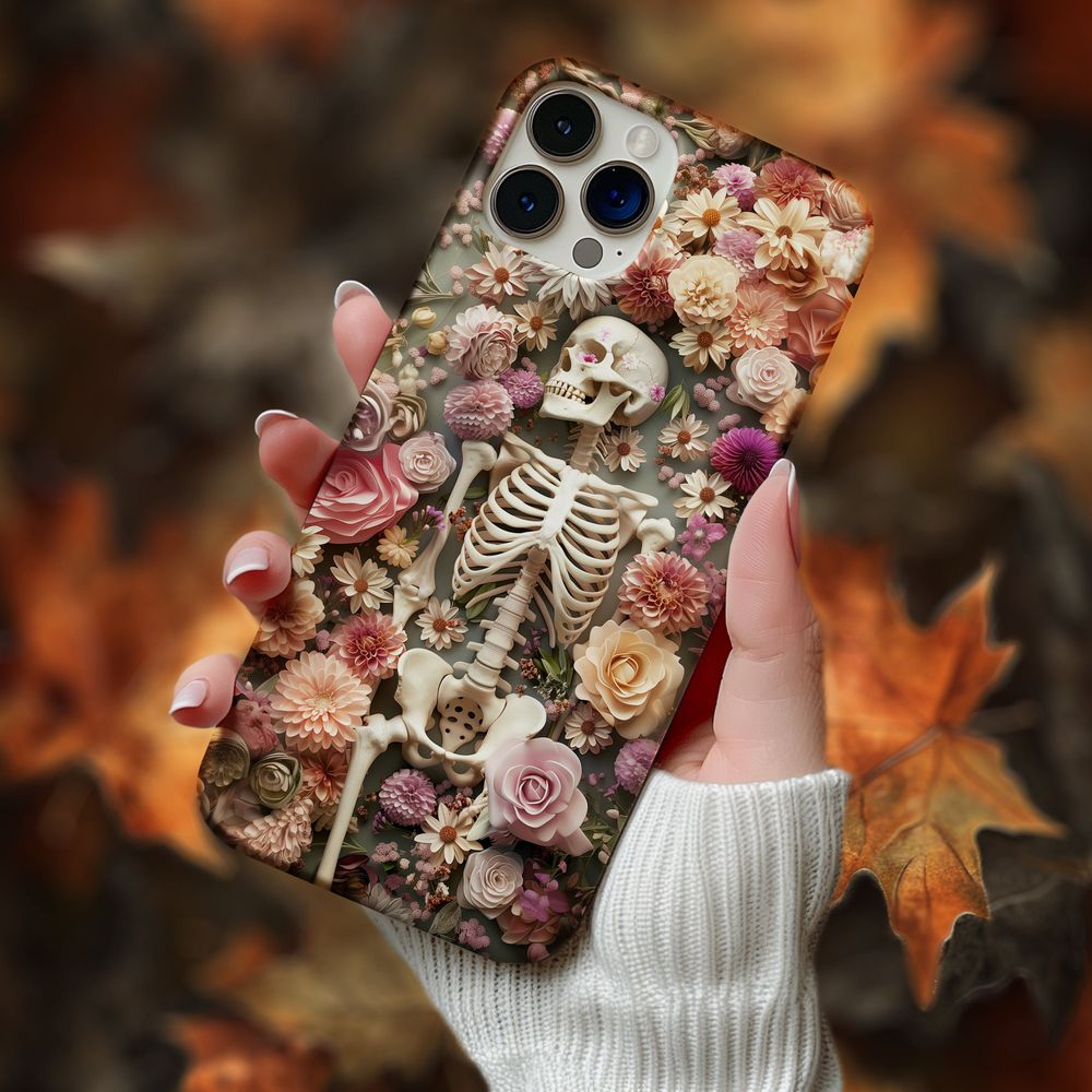 Gothic Floral Skeleton 3D Detailed Phonecase Black Silicone Phone Case