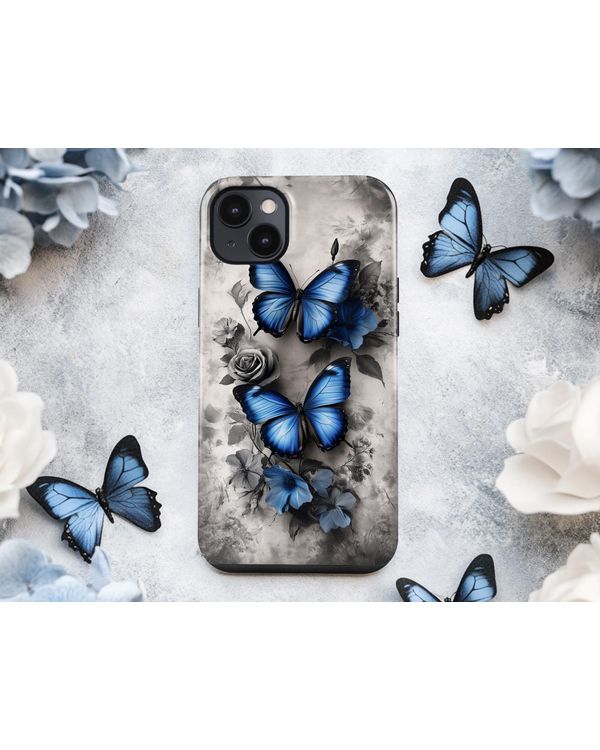 Vintage Floral 3D Phone Case - Blue Butterfly & Gray Rose Phonecase