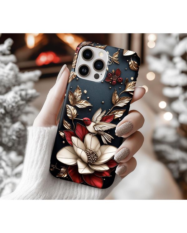 Hummingbird Floral 3D Christmas Holiday Design Case Red White Gold Phonecase